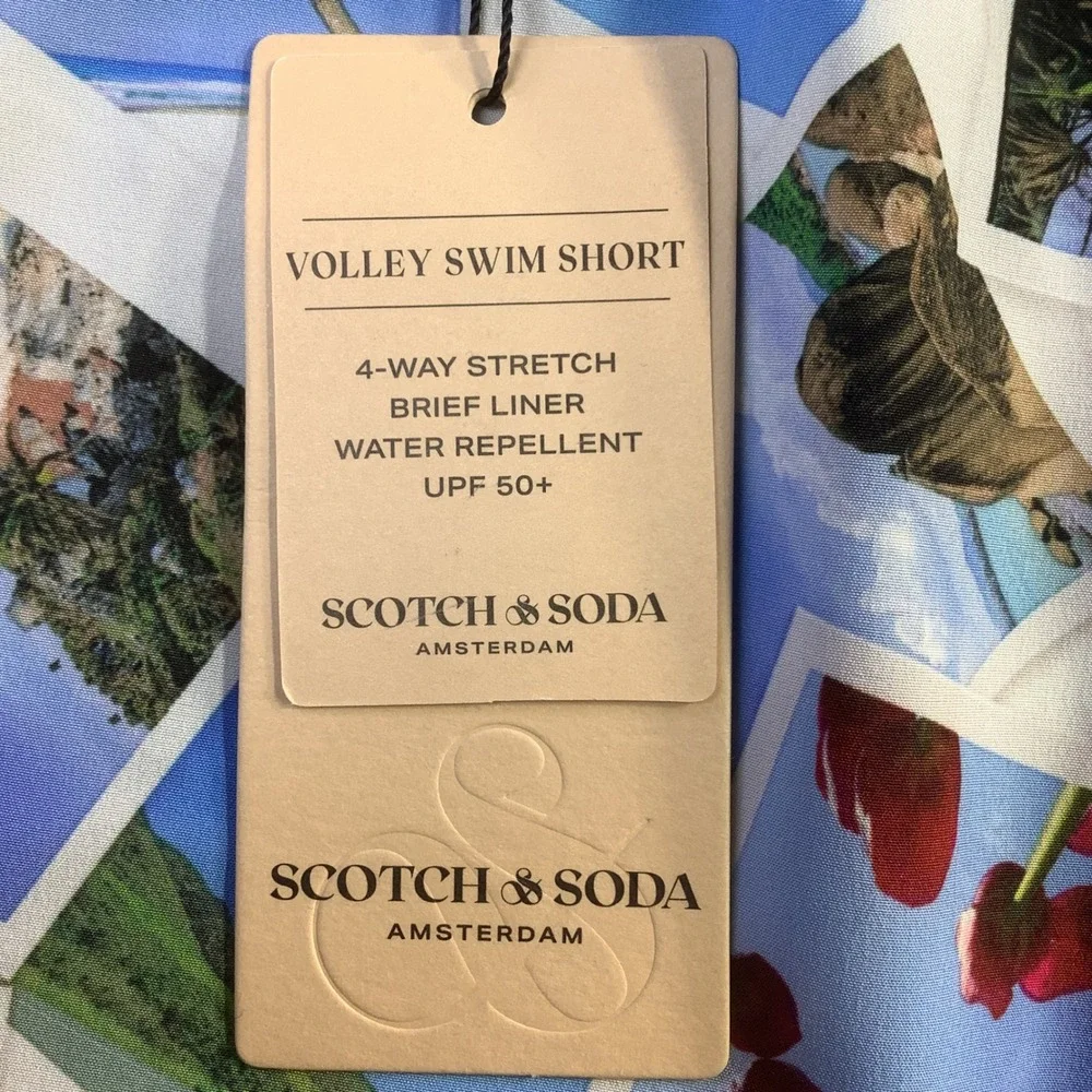 Scotch & Soda Mens Volley Swim Shorts Polaroid Print White Blue Size M NWT